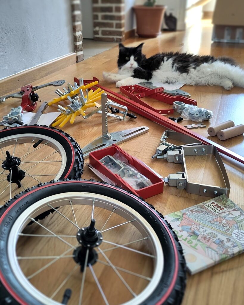 Katze Toffee hilft beim Zusammenbauen der Radhacke